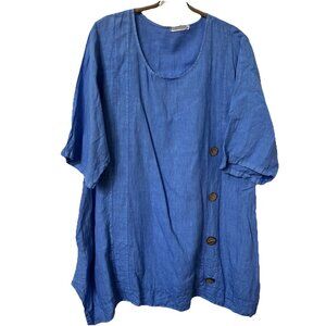 Italian Linen Tunic Top Womens XL Beach Boho Coastal Lagenlook Blue
